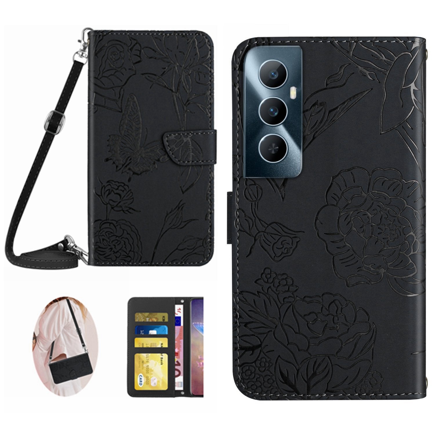 HT03 For Realme C65 4G Case Butterfly Pattern Skin-touch Feeling Leather Phone Cover with Shoulder Strap HT03 For Realme C65 4G Case Butterfly Pattern Skin-touch Feeling Leather Phone Cover with Shoulder Strap